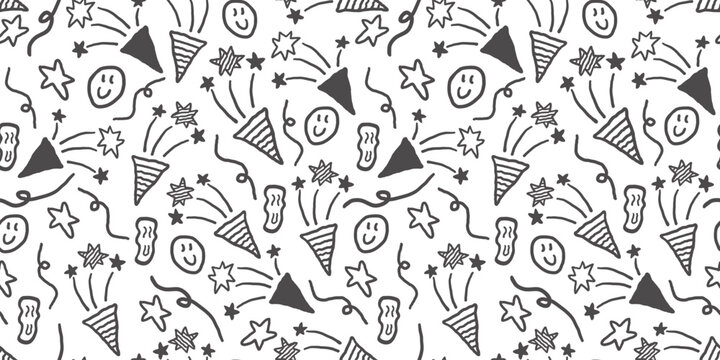 seamless pattern with fireworks and smiles in hand drawn style in vector. Element for decor banner background backdrop wrapping wallpaper textile prints packaging