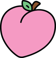 a pink peach fruit with a small green leaf