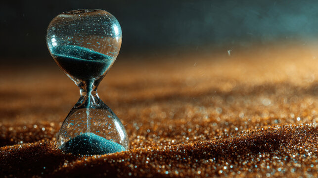 Hourglass sand time countdown deadline urgency patience antique glass timer calm mood hourglass golden sand with soft bokeh lighting, symbol of time passing, focus grains, serene atmosphere