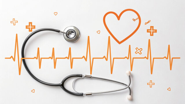 Stethoscope orange heartbeat medical pulse health care cardiology heart rate wellness clinic hospital diagnosis monitoring vitality line art minimal clean modern copy space flat lay white - Powered by Adobe