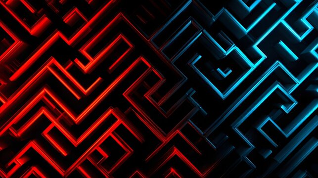 Complex three dimensional geometric labyrinth structure illuminated by opposing neon lights