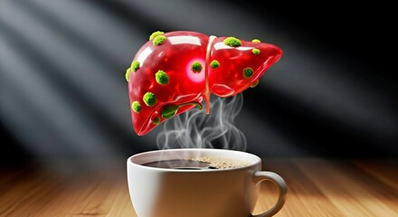 Translucent Human Liver Floating Above Steaming Coffee Cup Surreal Art