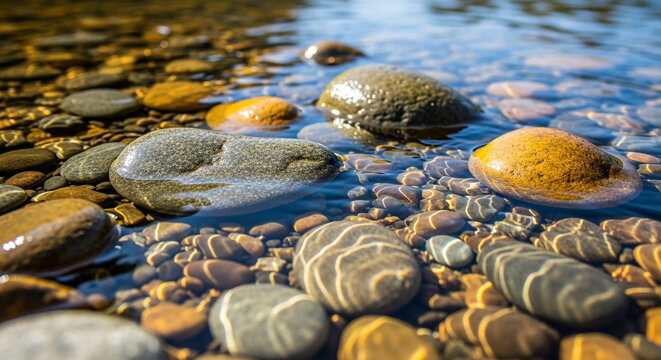 Stunning riverbed stones glistening in crystal clear water, evoking serenity and natural beauty for peaceful projects