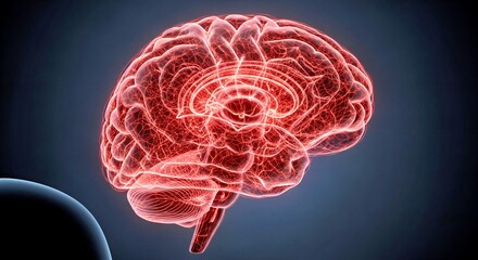 Illuminated Transparent Human Brain with Glowing Red Neural Pathways