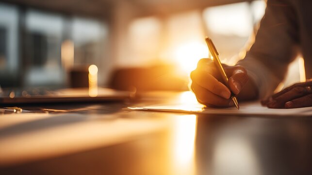 Person's hand holds a pen while signing a document bathed in warm sunlight indoors