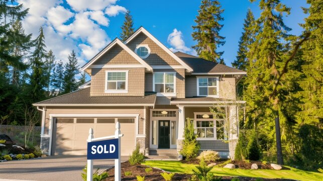A modern two-story house with a sold sign in front. The home features a well-maintained lawn and tall trees in the background under a clear blue sky.