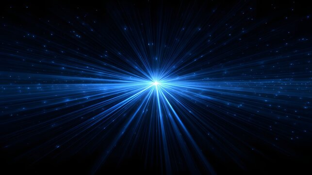 Bright blue light radiates outward from a central point across a dark field filled with small sparks - Powered by Adobe