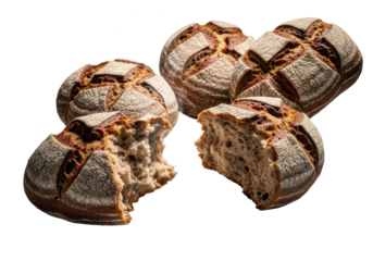 Five artisanal dark rye bread pieces, deeply cracked, one torn open revealing soft, moist, steamy interior, dynamically posed, isolated on transparent. Delicious food concept