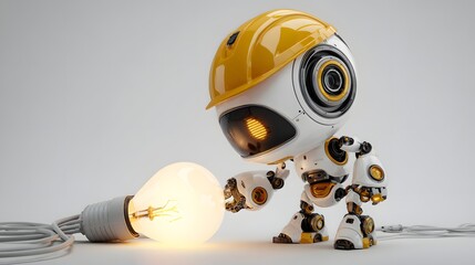 Fototapeta premium Adorable android worker wearing safety headwear examines illuminated electrical bulb