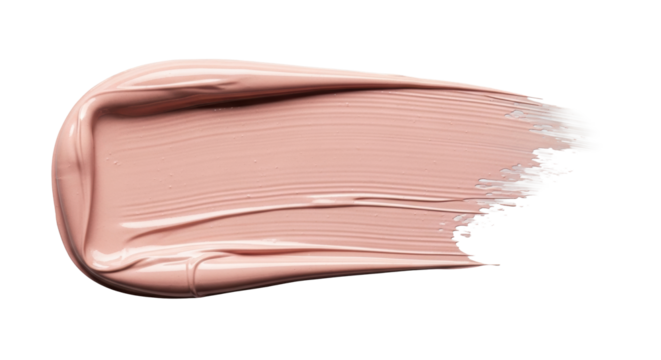 Light pink makeup stroke, creamy, dewy, distinct brush marks, on a transparent background, raking light. Concept of precise beauty