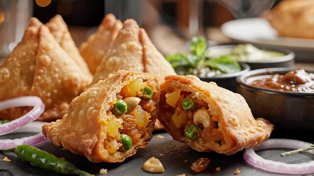 Samosas with vibrant green chutney in a 4K UHD plate arrangement, perfect for cultural exchange advertising campaigns or highlighting international foodie adventures, capturing the concept of.