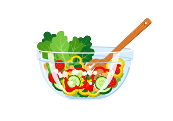 Fresh salad in a clear bowl with wooden spoon