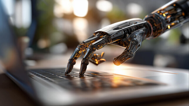 Robotic hand pressing keyboard on laptop faceless technology composition defocused office workspace background 3D rendering style automation concept AI working scenario - Powered by Adobe