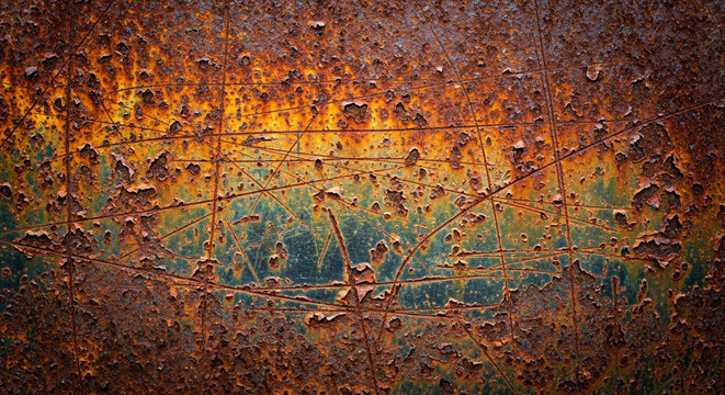 Weathered metal texture with rich rust and orange tones, showcasing distressed details and scratches for industrial design