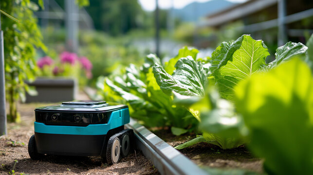 Agriculture robotic vehicle and autonomous car working faceless smart farm view defocused agricultural field background future 5G technology concept smart farming automation