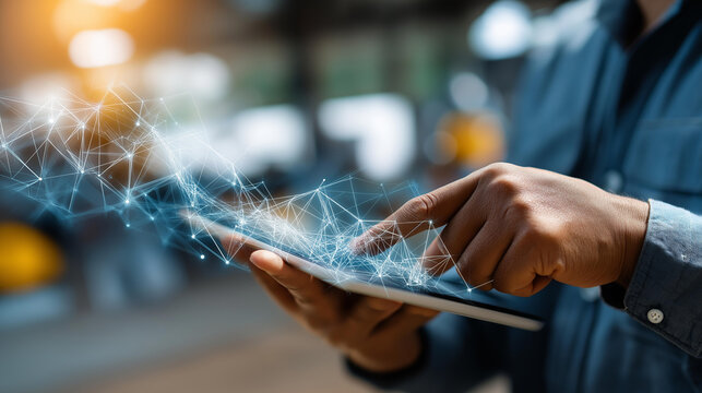 Faceless engineer using smart industry 4.0 technology defocused sustainable energy background data control networking visualization energy saving concept productivity and - Powered by Adobe