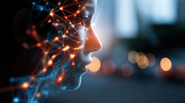 Artificial intelligence and data concept visualization faceless composition defocused digital network background with glowing nodes AI technology theme data processing