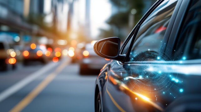 Sensing system visualization on autonomous car faceless vehicle exterior defocused wireless communication network overlay driverless car concept self driving vehicle technology