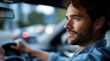 Faceless relaxed young man in self driving autonomous car defocused busy highway background sitting at driver seat machine learning concept artificial intelligence and