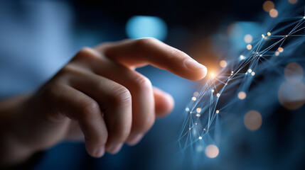 Faceless hand touching telecommunication network visualization defocused digital background with 5G LTE connections wireless mobile internet technology global business concept