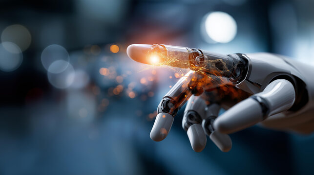 Faceless android robot finger pressing button defocused computer data cyberspace background futuristic world visualization power of future digital technology AI artificial - Powered by Adobe