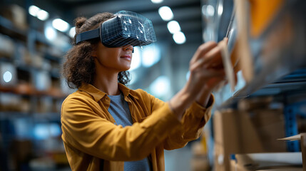 Smart warehouse management using augmented reality faceless worker with AR overlay defocused warehouse background identifying package picking future supply chain concept