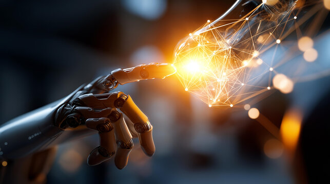 Faceless hands of robot and human touching on network defocused big data background with glowing light bulb showing brain data AI machine learning concept creative innovation