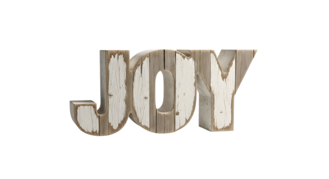Joy, rustic wooden word isolated on transparent background