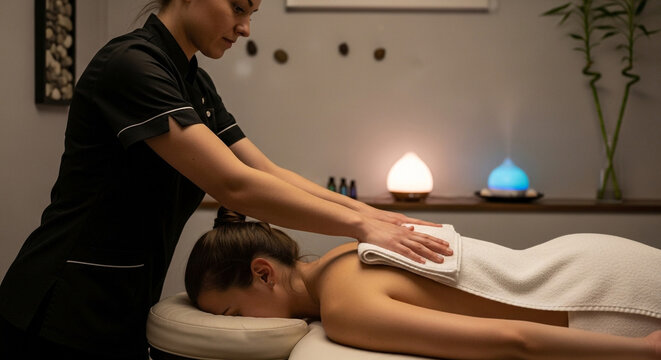 Relaxing back massage at a modern spa, feel the stress melt away with healing touch and aromatherapy for ultimate wellness and rejuvenation