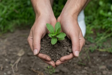 Hands nurturing a young plant in rich soil, symbolizing hope and growth in a natural setting