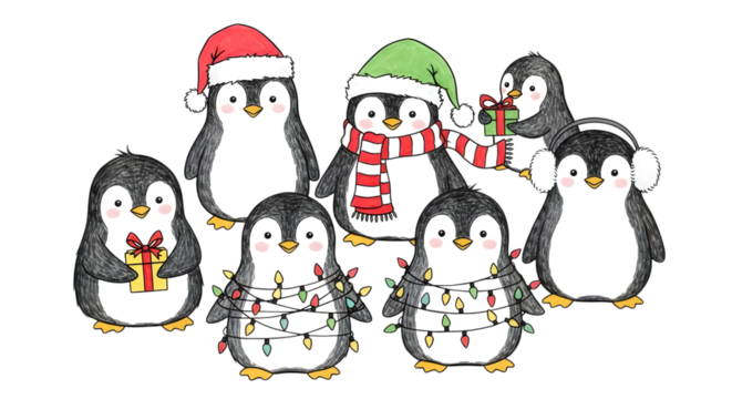Penguin christmas illustration isolated on transparent background