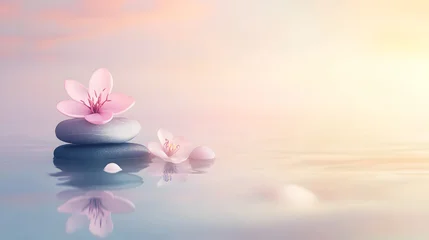 Stickers Ziekenhuis A tranquil image featuring a pink flower on stacked stones with calm water reflecting the serene scene.  © SIMANG