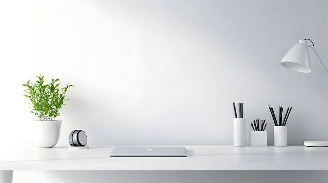 A modern white desk setup featuring a plant, office supplies, and a minimalist design for a clean workspace. - Powered by Adobe