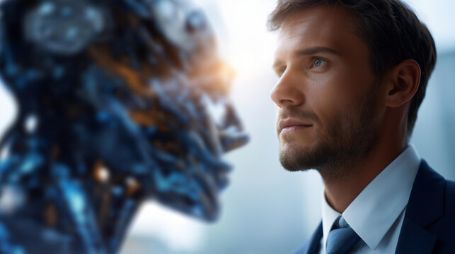 Faceless businessman with digital world AI robot defocused cyber space metaverse background business finance investment concept big data technology visualization digital