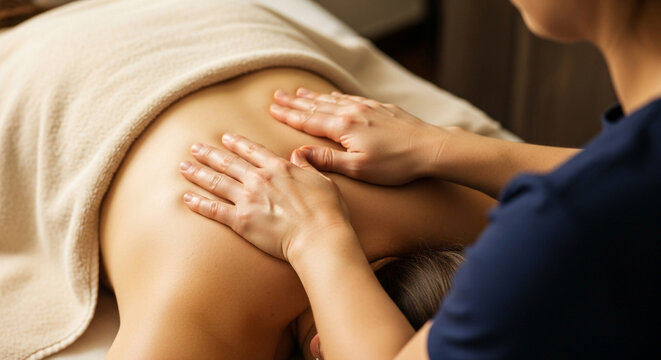 Woman receiving a relaxing back massage at a spa, promoting wellness and stress relief during a self care retreat for a healthy and balanced lifestyle