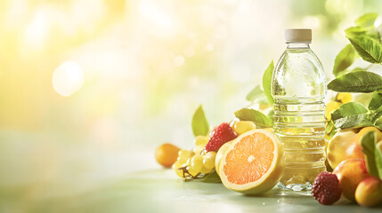 A bottle of water and various fresh fruits are displayed on a bright background, representing a healthy and refreshing lifestyle.