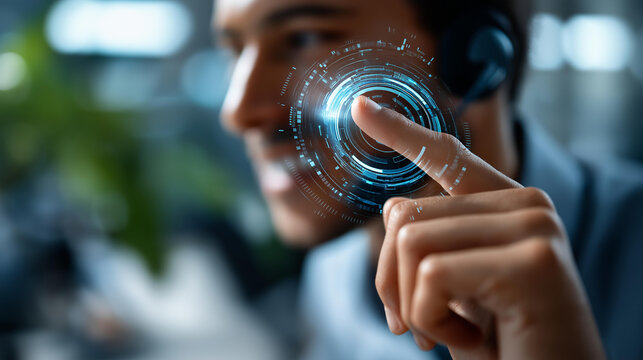 Faceless man touching virtual chatting interface defocused AI background intelligent artificial intelligence assistant smart chatbot concept ChatGPT technology futuristic