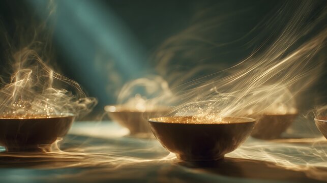 Surreal Steaming Bowls with Floating Ingredients