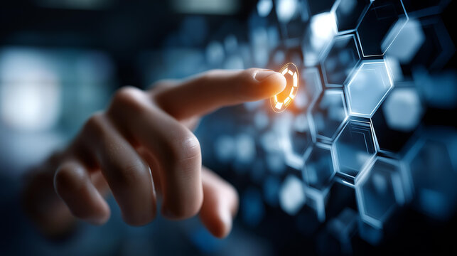 Faceless hand touching low poly icon interface defocused AI background with geometric patterns artificial intelligence with machine deep learning data mining concept modern com