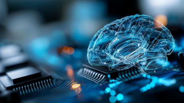 Machine learning artificial intelligence visualization faceless wireframe brain defocused circuit electronic background with binary code AI deep learning concept future