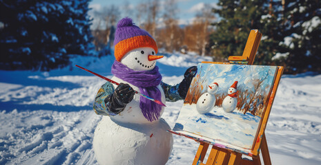 AI generated cheerful snowman artist painting a winter landscape outdoors. Perfect for creative holiday campaigns, art-inspired promotions, and playful seasonal branding.