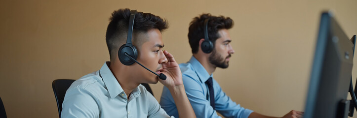 Call center employees sitting at computers with headsets is pictured. Call center team members engage with customers, troubleshoot problems, and provide support, assisted by modern technology.