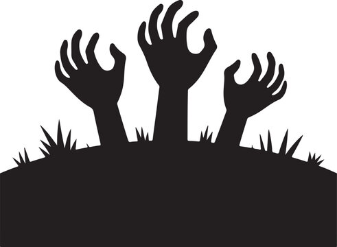 Three black zombie hands emerging from dark ground with grass vector vector illustration EPS file download.
 - Powered by Adobe