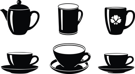 Black silhouette coffee cup and teapot set vector illustration collection for beverage designs 