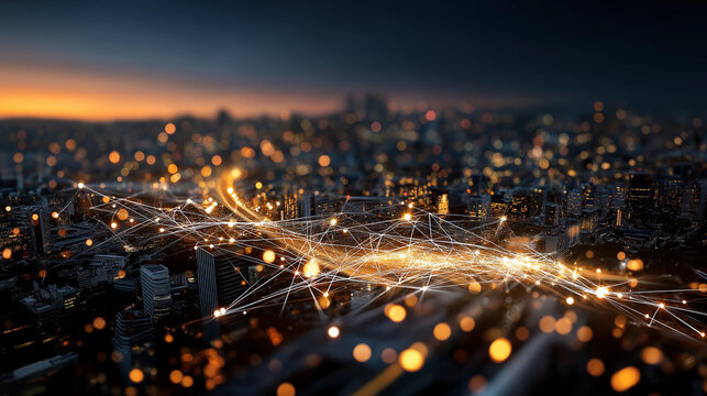Night city panorama with network hologram overlay faceless urban landscape defocused cityscape background with bokeh digital connectivity visualization smart city concept tech