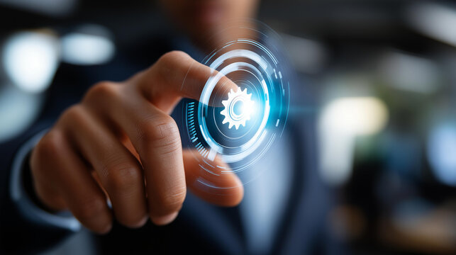 Faceless businessman hand with artificial intelligence interface defocused automated machine learning background blue digital user interface cybersecurity visualization - Powered by Adobe