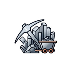 Illustration depicting a pickaxe, crystals, and a minecart, symbolizing mining and resource extraction.