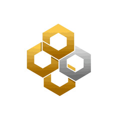 Abstract geometric logo design featuring three gold and one silver interlocking hexagons on a white background.