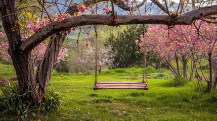 Empty wooden swing hanging from a blossoming tree in a green garden with pink flowers and grass under a clear sky.