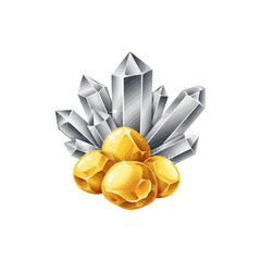 A cluster of shiny golden spheres nestled amongst sharp, translucent quartz crystals.